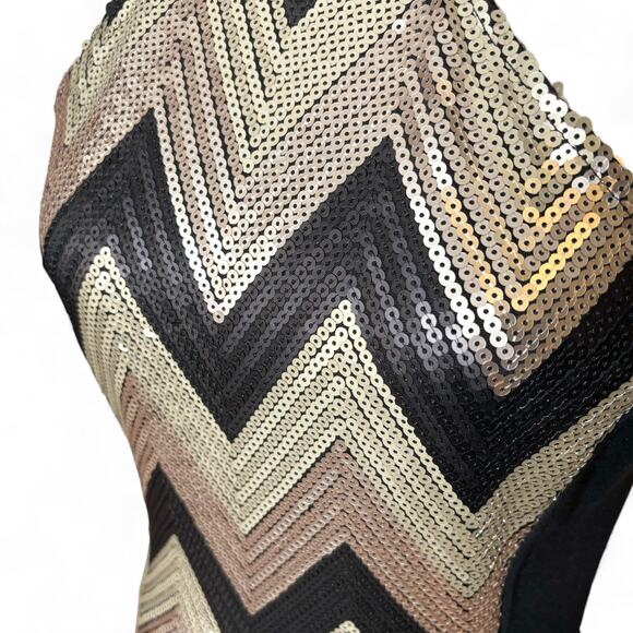 G by Guess Chevron Stripe Sequin Halter Dress Gold Black Small - Picture 6 of 11